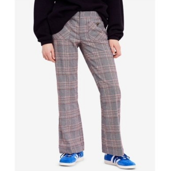 FREE People Plaid Boot Cut Pants Trousers Mid Rise Tartan Gray Red 4 NEW - Picture 1 of 14